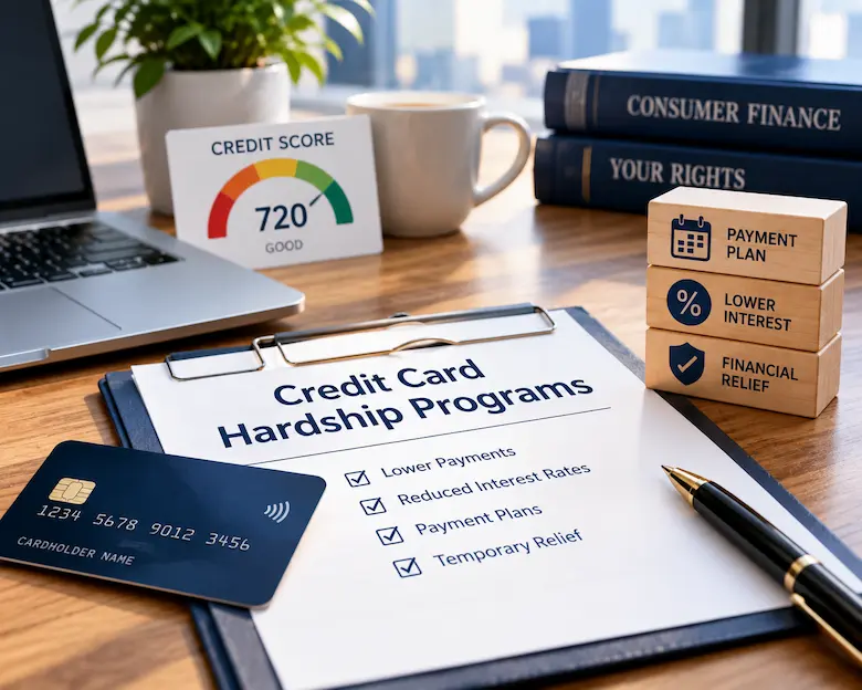 Credit card hardship programs illustration showing a credit card, hardship assistance checklist, lower payments, reduced interest, payment plans, financial relief, and a credit score graphic.