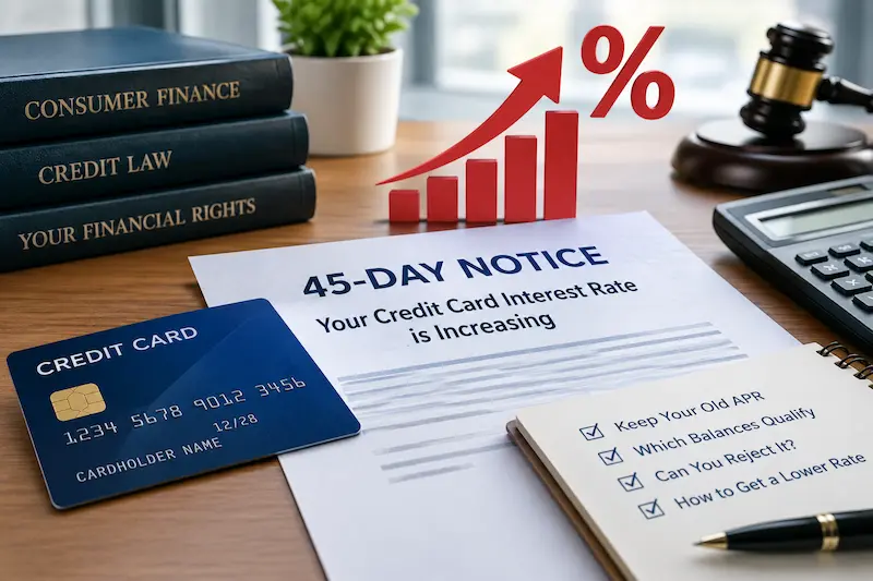 Credit card interest rate increase notice showing a 45-day warning, rising interest rate graphic, calculator, and legal finance books on a desk.