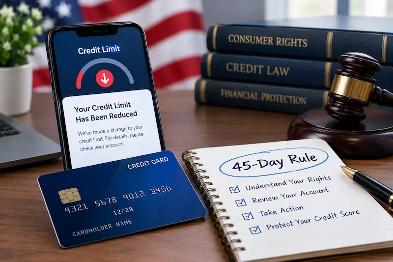 A smartphone showing a reduced credit limit notification beside a credit card, a notebook outlining the 45-day rule, and legal and financial books with a gavel in the background.