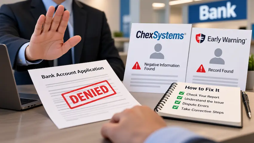 Bank account application marked “Denied” alongside ChexSystems and Early Warning reports showing negative records, with a checklist outlining steps to fix the issue.