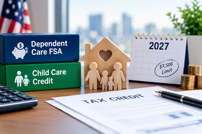 Professional tax planning desk comparing a Dependent Care FSA and Child Care Credit for 2027, featuring family figures, tax documents, a calculator, and a calendar highlighting the $7,500 limit.