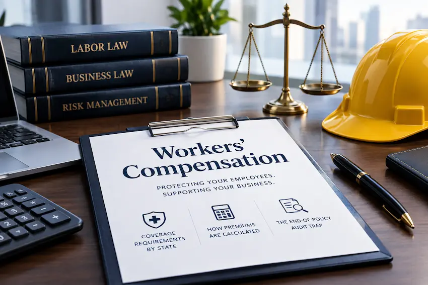 Workers’ compensation insurance requirements for a first employee, featuring legal books, a hard hat, calculator, justice scale, and policy documents covering state requirements, premium calculations, and end-of-policy audits.