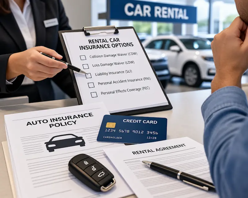 Rental car insurance options shown at a car rental counter with an auto insurance policy, credit card, rental agreement, and car keys.