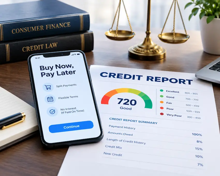 Buy Now, Pay Later app displayed on a smartphone beside a credit report and credit score chart, with legal finance books and scales of justice on an office desk.