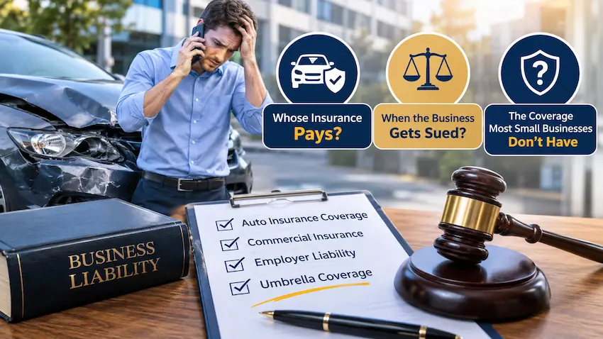 Employee involved in a car accident during a work errand, with business liability documents and insurance coverage options illustrating who pays and when a small business may be liable.