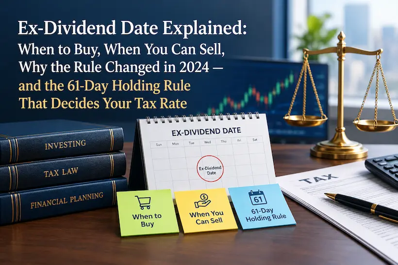 Ex-dividend date and qualified dividend tax rules, featuring a financial calendar, stock market chart, tax documents, investment books, and a 61-day holding period reference.