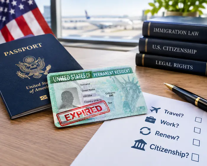 Expired U.S. green card beside a passport and immigration documents, highlighting travel, work, renewal, and citizenship options.