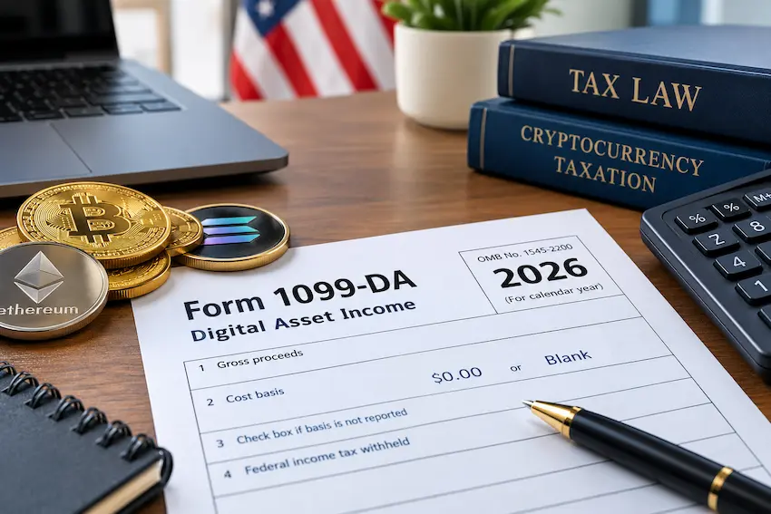 The image emphasizes Form 1099-DA, cryptocurrency, and the blank or $0 cost basis issue, fitting the article’s tax and compliance focus.