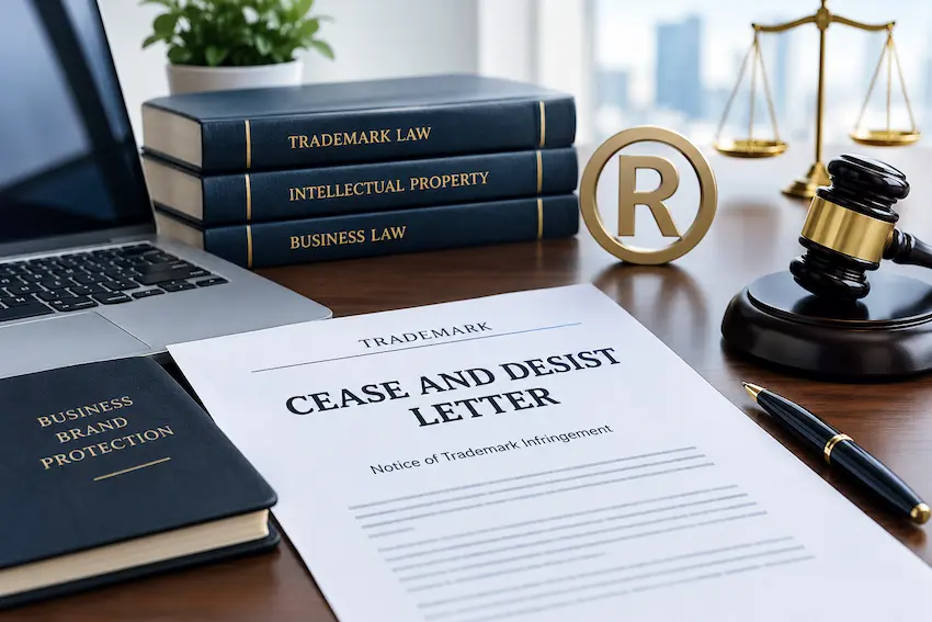 Trademark cease-and-desist letter on a desk with legal books, a registered trademark symbol, and a judge's gavel.
