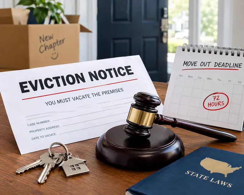 Eviction notice with a 72-hour move-out deadline, house keys, a judge’s gavel, moving boxes, and a U.S. state laws book representing eviction deadlines and legal steps for tenants.