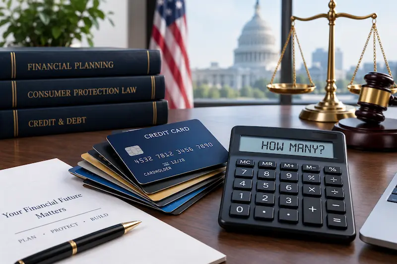 Credit cards, calculator, and legal finance documents on a professional office desk, illustrating how many credit cards you should have and the financial factors to consider before opening or closing one.