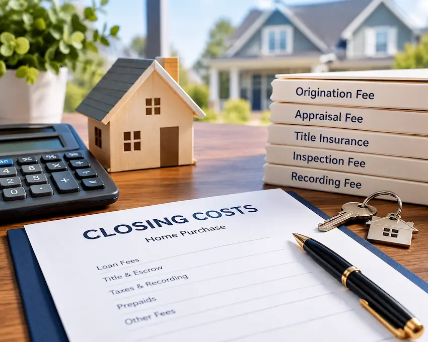 Closing costs on a house in 2026 shown through a home purchase document, calculator, house model, keys, and common lender and closing fees.