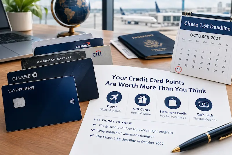 Credit card rewards valuation infographic featuring Chase Sapphire and other credit cards, illustrating travel rewards, gift cards, statement credits, cash back, and the October 2027 Chase 1.5-cent-per-point deadline.
