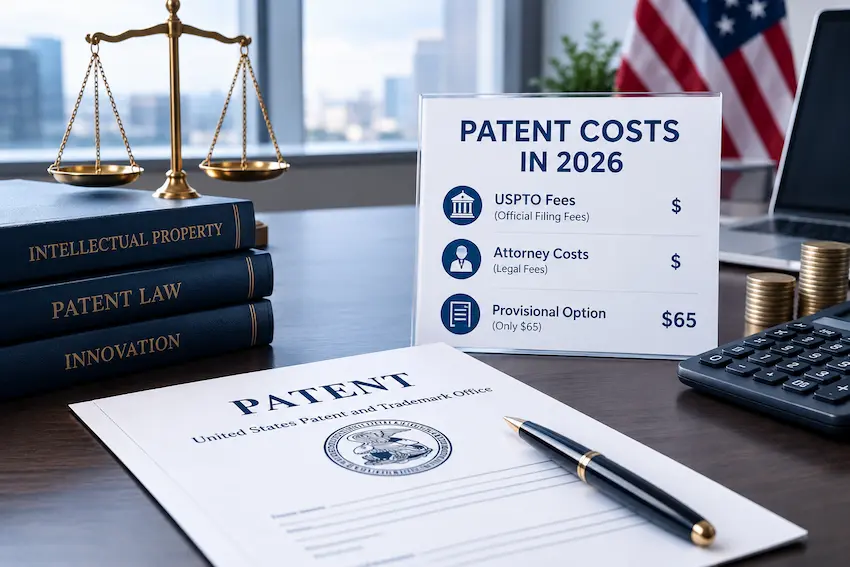 Professional workspace illustrating patent costs in 2026, featuring a USPTO patent document, legal books, scales of justice, calculator, coins, and a sign showing USPTO fees, attorney costs, and the $65 provisional patent option.