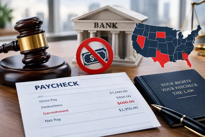 Paycheck garnishment and legal protections illustrated with a judge’s gavel, bank building, U.S. map, and a symbol representing limits on wage collection.