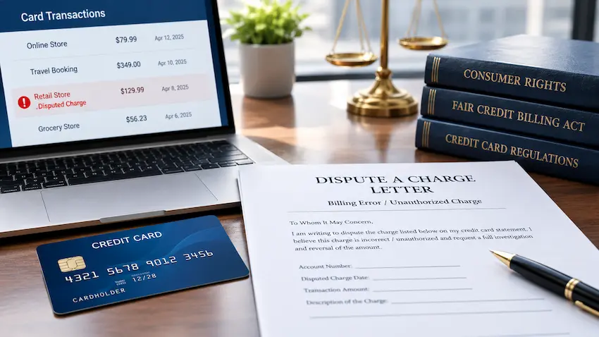 Professional financial and legal desk featuring a credit card, a billing statement highlighting a disputed charge, a formal credit card dispute letter, and legal reference books on consumer rights and the Fair Credit Billing Act.