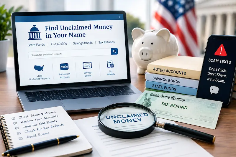Laptop showing how to find unclaimed money, including state funds, old 401(k) accounts, savings bonds, and tax refunds, alongside a phone warning about scam texts.