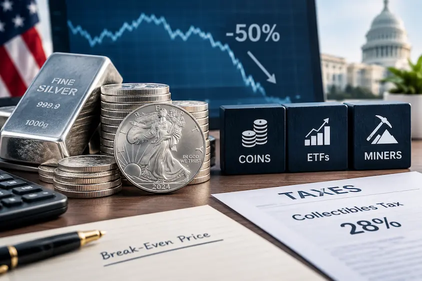 Silver bullion bars and American silver coins beside a market chart showing a 50% decline, comparison panels for coins, ETFs, and mining stocks, and a document highlighting the 28% collectibles tax, with a calculator and break-even price notes on a financial desk. Copy alt text