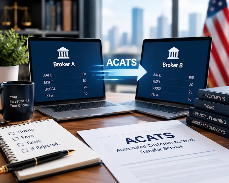 Professional illustration showing an ACATS stock transfer between two brokerage accounts, highlighting transfer timing, fees, taxes, and rejected transfers.