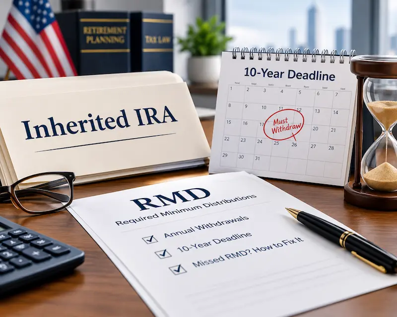 Inherited IRA required minimum distribution (RMD) rules, featuring annual withdrawal requirements, the 10-year withdrawal deadline, and retirement tax planning documents.
