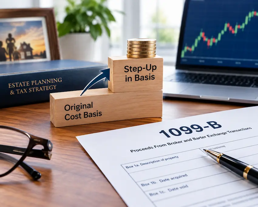 Professional financial and tax planning illustration showing inherited stock cost basis, a step-up in basis, and a 1099-B tax form on a desk.