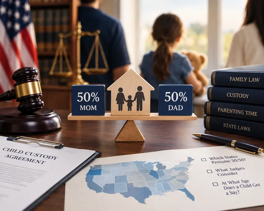 50/50 child custody and equal parenting time in the United States, with family law books, a judge's gavel, and a child custody agreement.