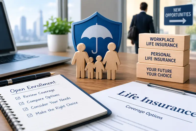 Workplace life insurance and personal life insurance coverage options during open enrollment, with a family protection concept and planning checklist.