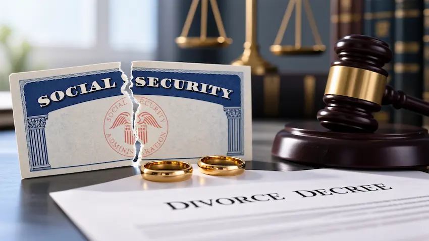 Social Security benefits and divorce represented by a torn Social Security card, wedding rings, a divorce decree, and a judge’s gavel in a legal setting.