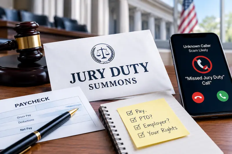 Jury duty summons beside a paycheck, judge’s gavel, and smartphone displaying a suspected jury duty scam call, illustrating employee pay rights, PTO policies, and jury duty fraud prevention in the United States.