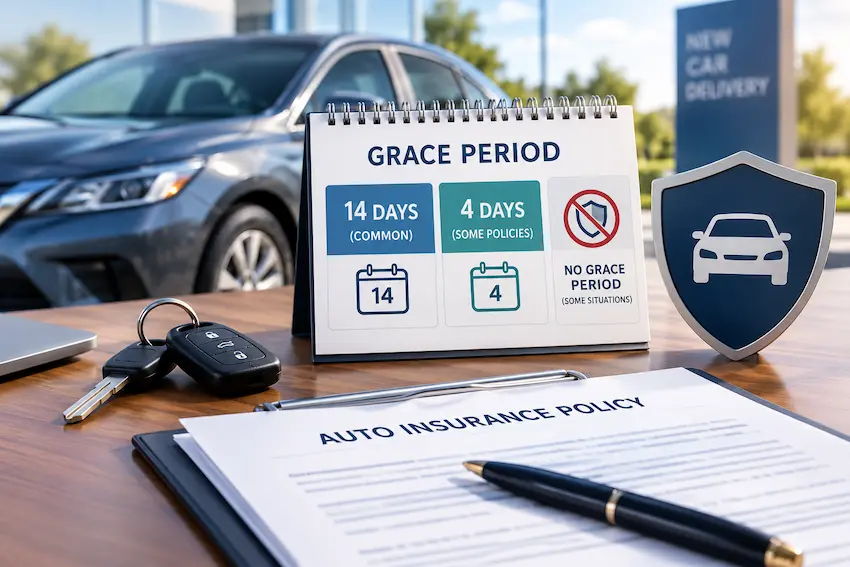 The image highlights a new car, auto insurance documents, car keys, and a visual comparison of the 14-day, 4-day, and no-grace-period scenarios. It uses a polished, professional style suited to your blog.