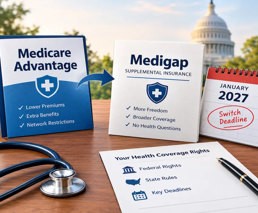 Medicare Advantage to Medigap switch for 2027, highlighting federal rights, state rules, health questions, and enrollment deadlines.