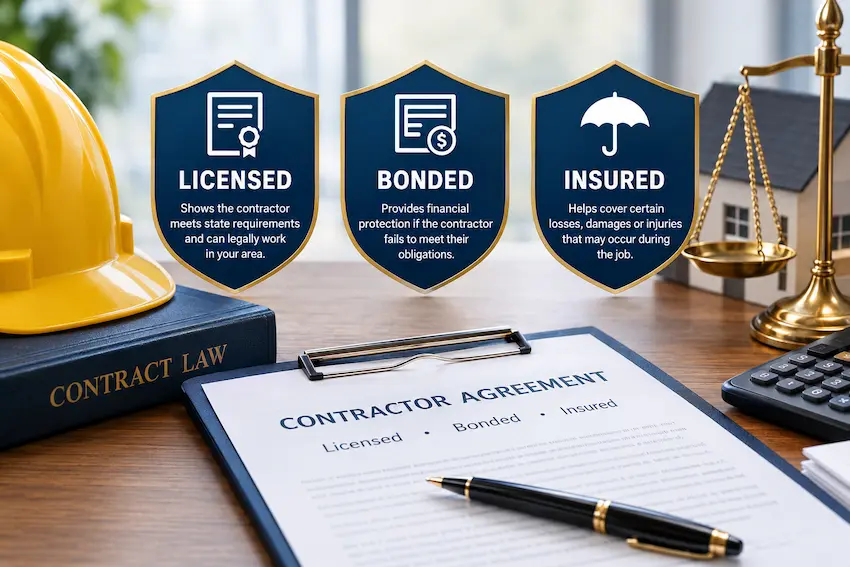 Licensed, bonded, and insured contractor protection illustrated with legal contract documents, a construction hard hat, a model house, and scales of justice, highlighting the differences between contractor licensing, surety bonds, and insurance coverage.