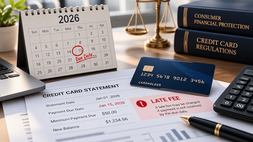 Professional financial desk showing a credit card statement, 2026 due date calendar, late fee warning, calculator, legal books, and scales of justice.