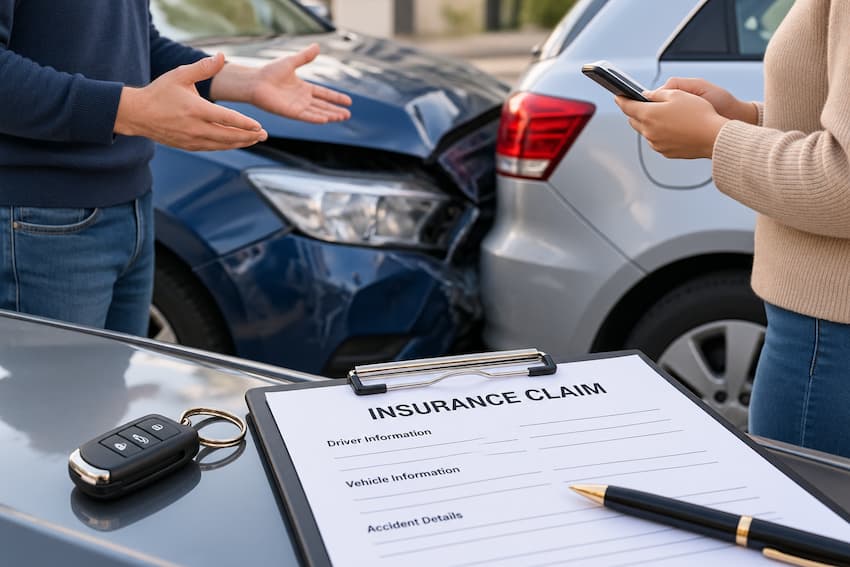 "A blue car with front-end damage after crashing into the back of a silver car. In the foreground, an 'Insurance Claim' form on a clipboard rests on a car hood with a key fob and a pen. In the background, two drivers are discussing the accident, with one using a smartphone to document the crash or contact insurance."
