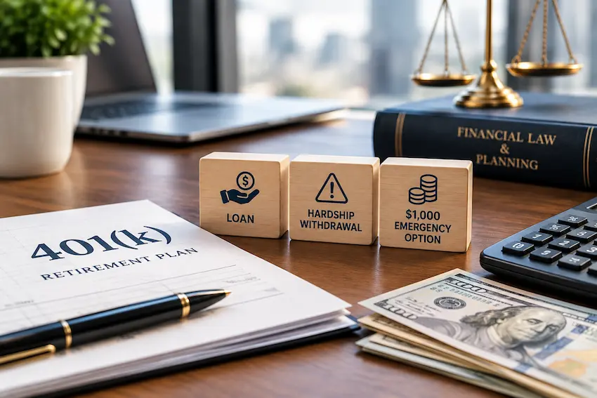 Professional 401(k) retirement planning scene showing a 401(k) document, calculator, cash, financial law book, scales of justice, and three options labeled loan, hardship withdrawal, and $1,000 emergency option.