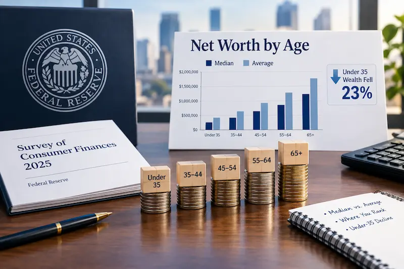 Net worth by age infographic illustrating median versus average household wealth across age groups, with coin stacks, a Federal Reserve survey report, and a chart highlighting the reported 23% decline in wealth for Americans under 35.