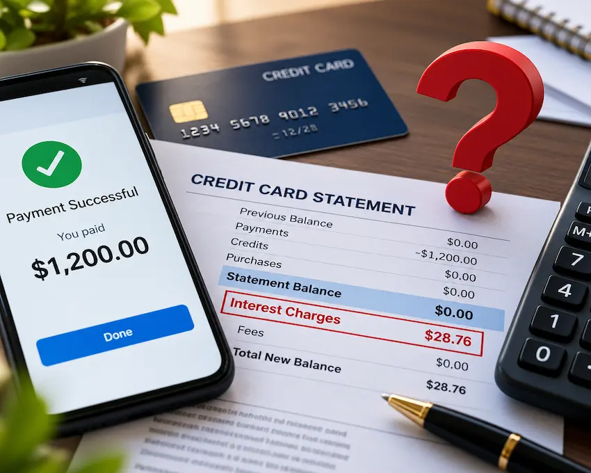 Credit card statement showing a paid balance but an unexpected interest charge, with a payment confirmation on a smartphone, credit card, calculator, and red question mark on a professional financial desk.