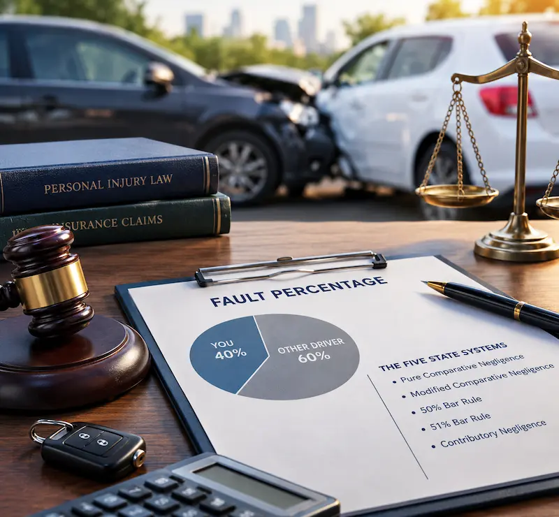 Car accident liability and insurance claim documents illustrating comparative negligence, fault percentages, and the legal rules governing compensation in the United States.
