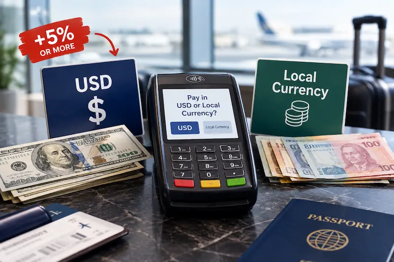 Credit card terminal displaying “Pay in USD or Local Currency?” beside U.S. dollar bills, foreign banknotes, a passport, and a red “+5% or More” warning about currency conversion fees.