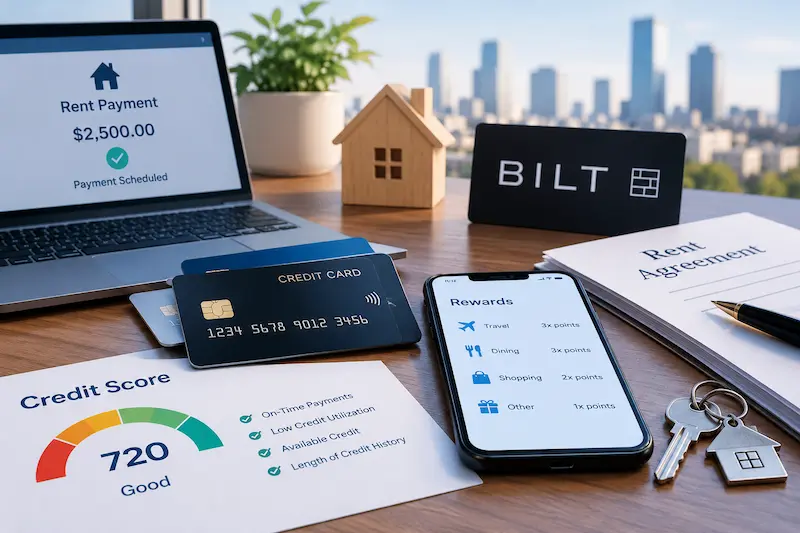Paying rent with a credit card in 2026, featuring Bilt rewards, credit card fees, a scheduled rent payment, and a credit score report to illustrate the benefits and credit risks of earning rewards on rent payments.