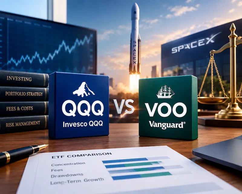 QQQ vs. VOO ETF comparison featuring investment portfolio charts, expense and risk analysis, and a SpaceX rocket, illustrating differences in fund concentration, fees, drawdowns, and SpaceX exposure in 2026.