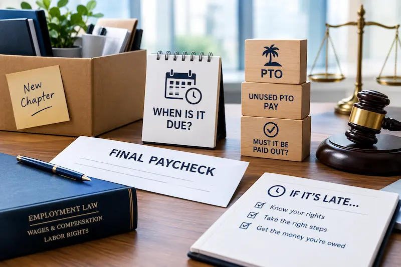 Final paycheck deadline, unused PTO payout, and employment law resources for employees who quit or are fired in the United States.