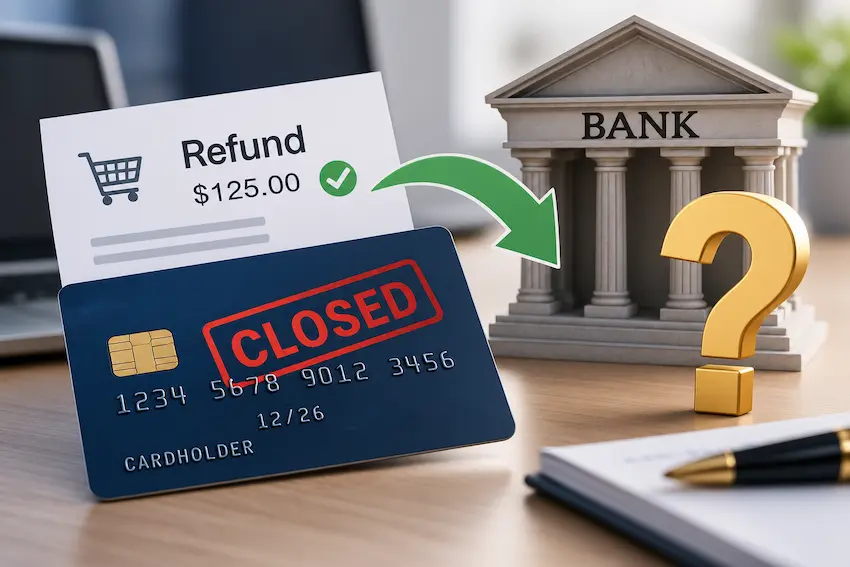 Closed credit card next to a refund receipt, with an arrow pointing toward a bank and a question mark symbolizing where the refund money goes.