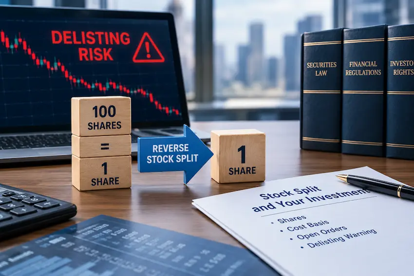 Reverse stock split illustration showing 100 shares becoming 1 share, with a declining stock chart, delisting risk warning, and financial law books in a professional investment office.
