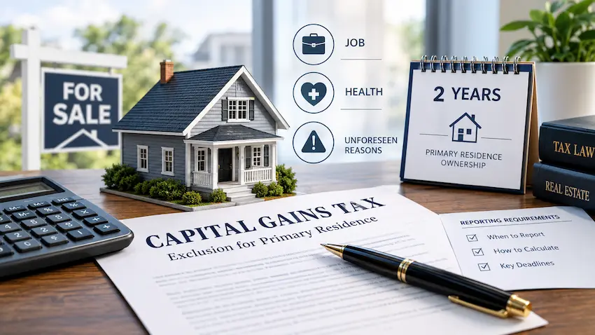 Professional illustration of selling a home before two years, highlighting the partial capital gains tax exclusion, qualifying job and health changes, unforeseen circumstances, and tax reporting requirements. Copy alt text