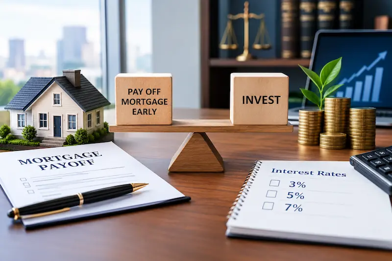 A professional financial illustration showing the choice between paying off a mortgage early and investing, with a balance scale, a model home, investment coins, a financial growth chart, and mortgage interest rates of 3%, 5%, and 7%.
