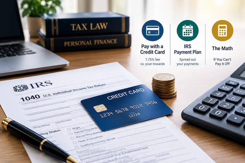 U.S. tax return documents, a credit card, calculator, and coins illustrating the costs and benefits of paying taxes by credit card versus an IRS payment plan.