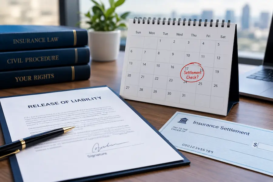 A signed liability release form, insurance settlement check, and calendar highlighting a delayed payment deadline on a professional legal office desk.