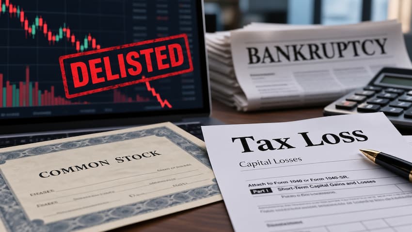 Professional financial scene showing a delisted stock and company bankruptcy, with a falling stock chart, stock certificate, bankruptcy document, calculator, and tax loss paperwork representing how investors may claim a capital loss.