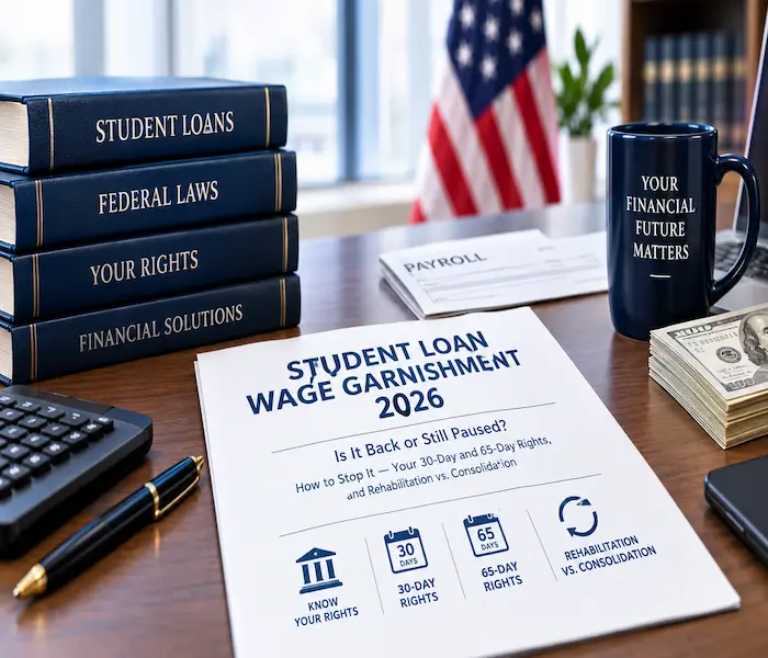 Student loan wage garnishment 2026 guide with federal law books, payroll documents, financial tools, and an American flag, highlighting 30-day and 65-day rights and rehabilitation versus consolidation.